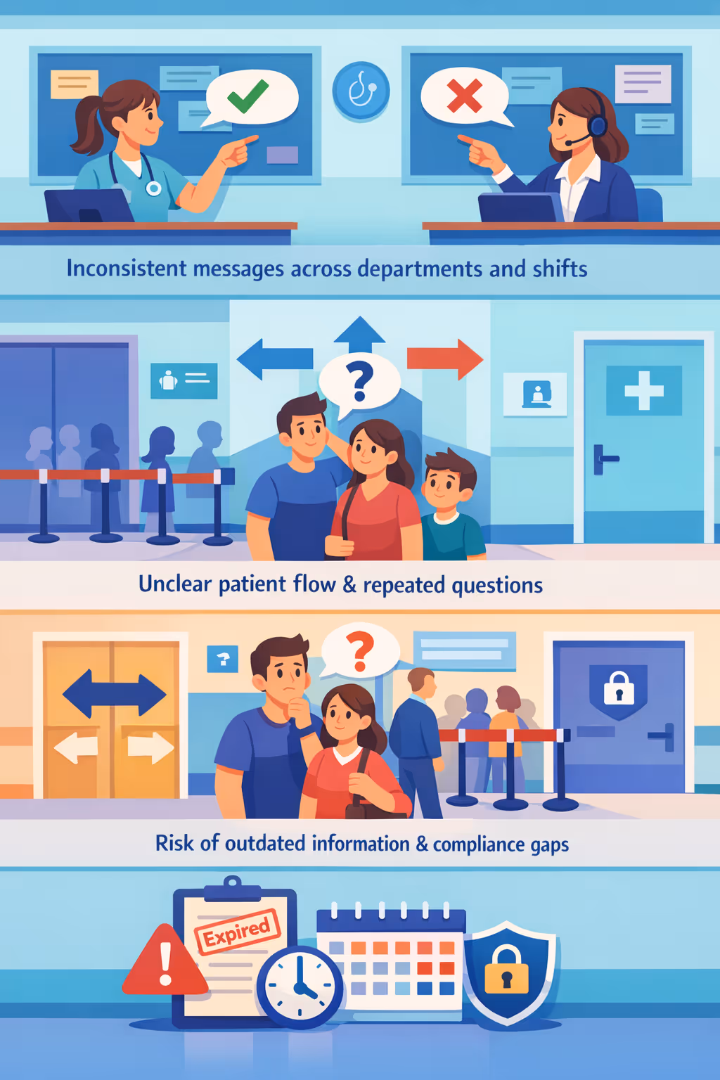 Medical center digital signage challenges: unclear patient flow, inconsistent clinic updates, and outdated waiting room information