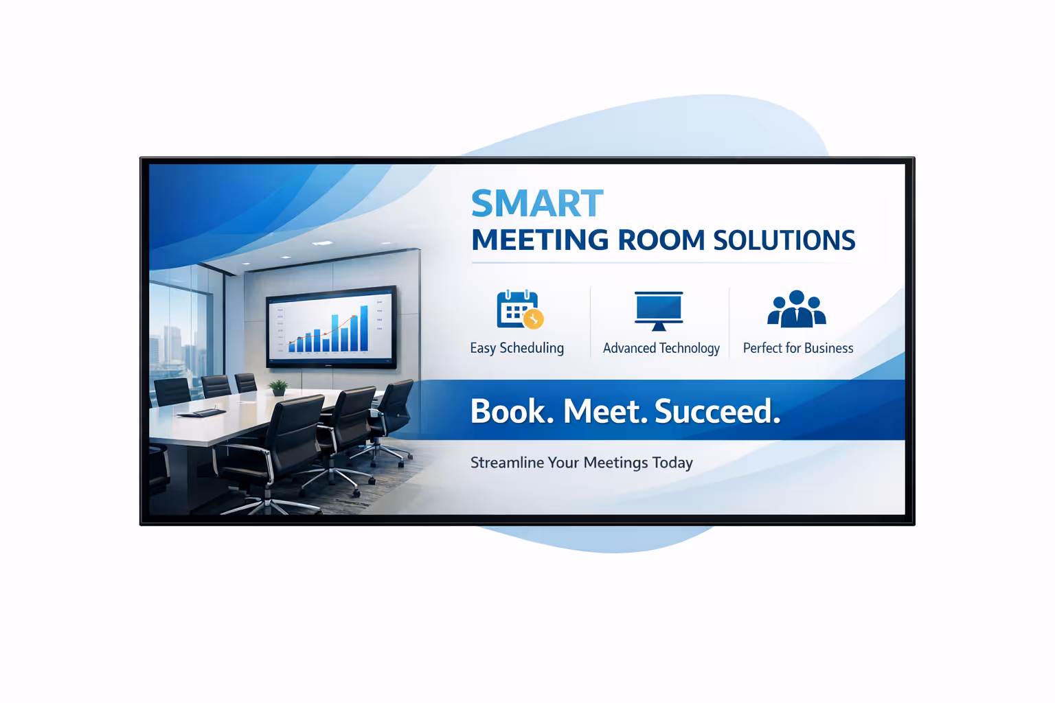 Meeting and conference room digital signage showing real time room availability, scheduling sync, and device monitoring dashboard