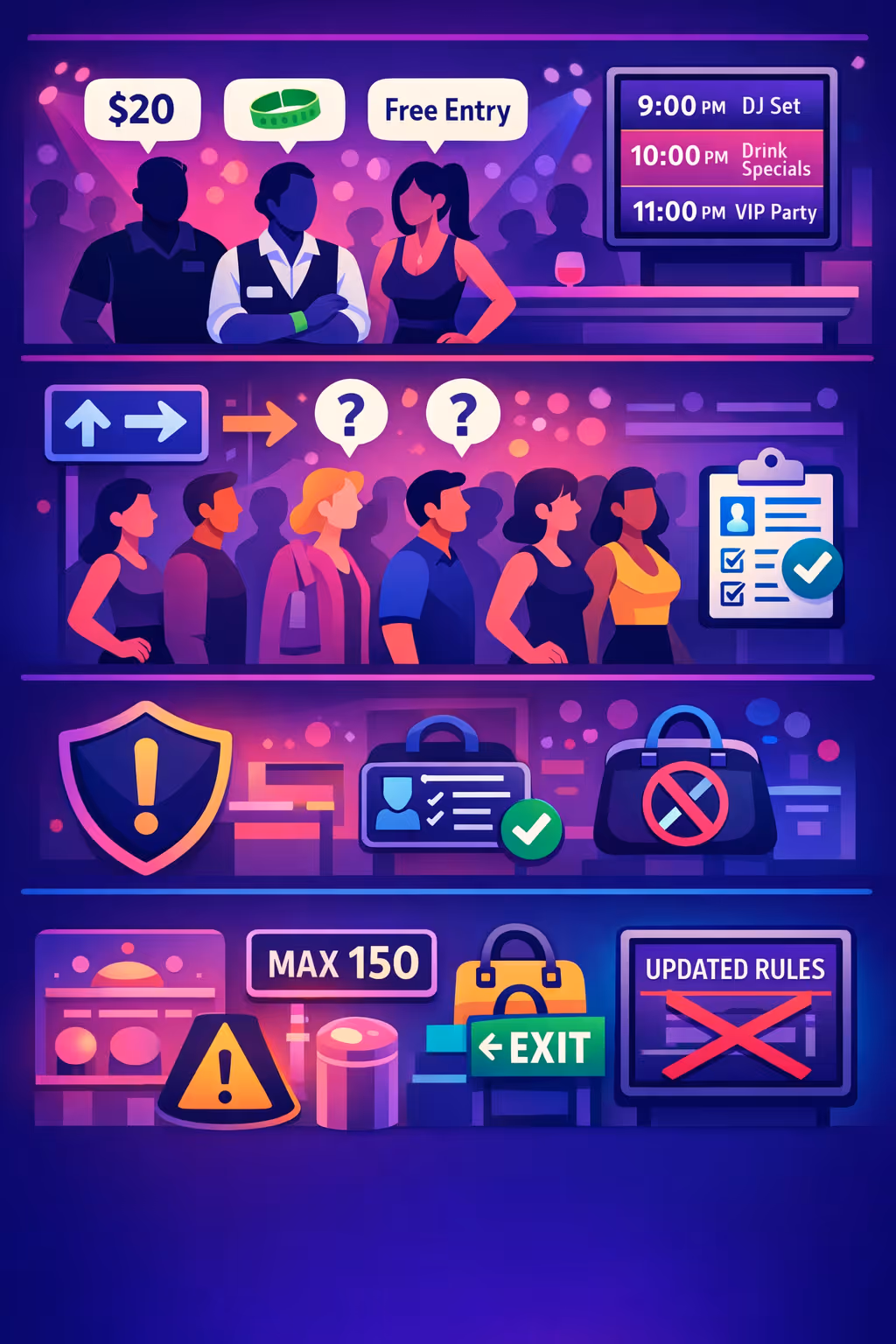 Night club digital signage challenges: unclear entry rules, inconsistent event updates, changing queue guidance, and missed announcements
