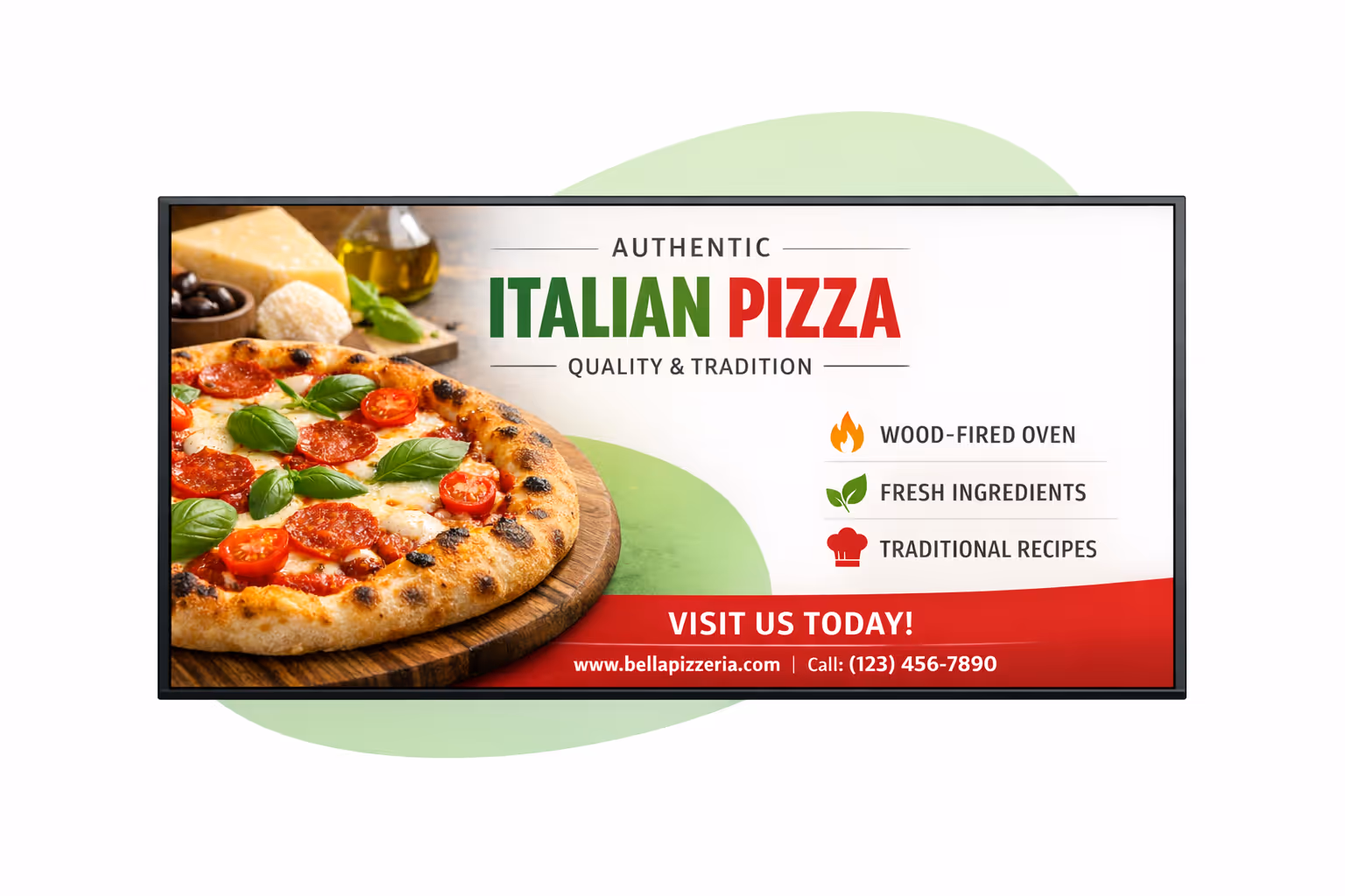 Pizzeria digital signage dashboard showing menu scheduling and multi location screen management