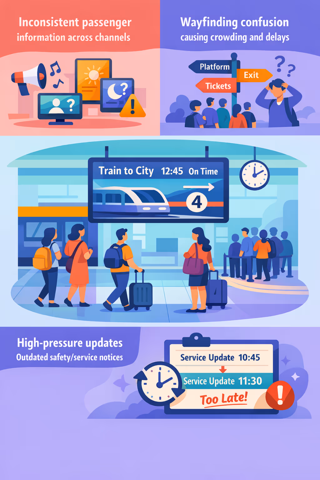 Train station digital signage challenges: delayed disruption updates, unclear platform guidance, crowded queues, and inconsistent passenger information
