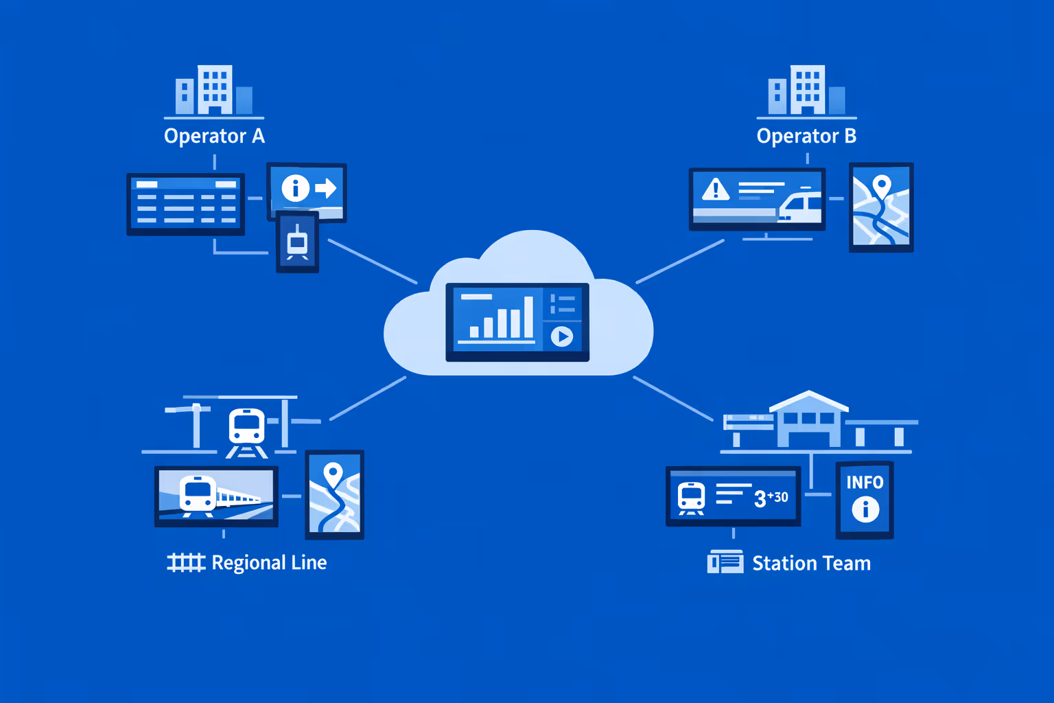 Piattaforma di affichage dynamique per stazioni ferroviarie che controlla molti schermi e organizzazioni, segmentati per regione, linea e stazione per operazioni scalabili