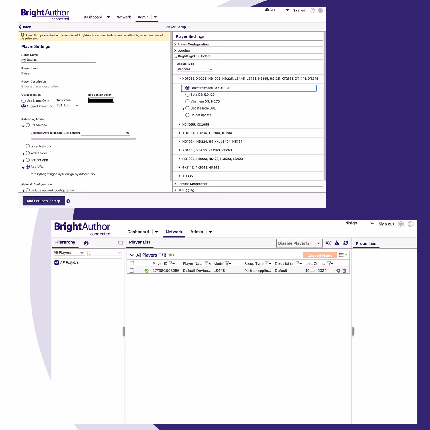 Configure BrightSign digital signage players with BsnCloud to install Disign CMS