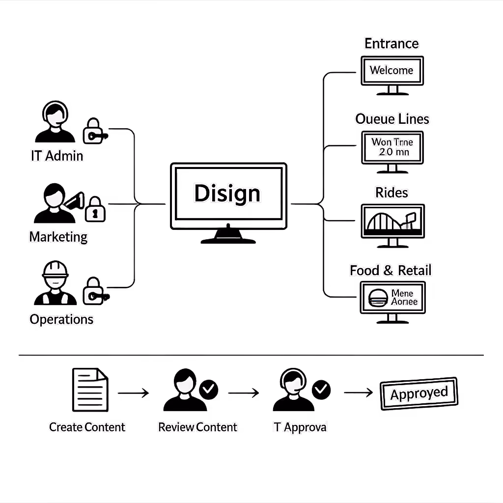 Permissões de gerenciamento de conteúdo centralizado para sinalização digital em parque de diversões com a Disign