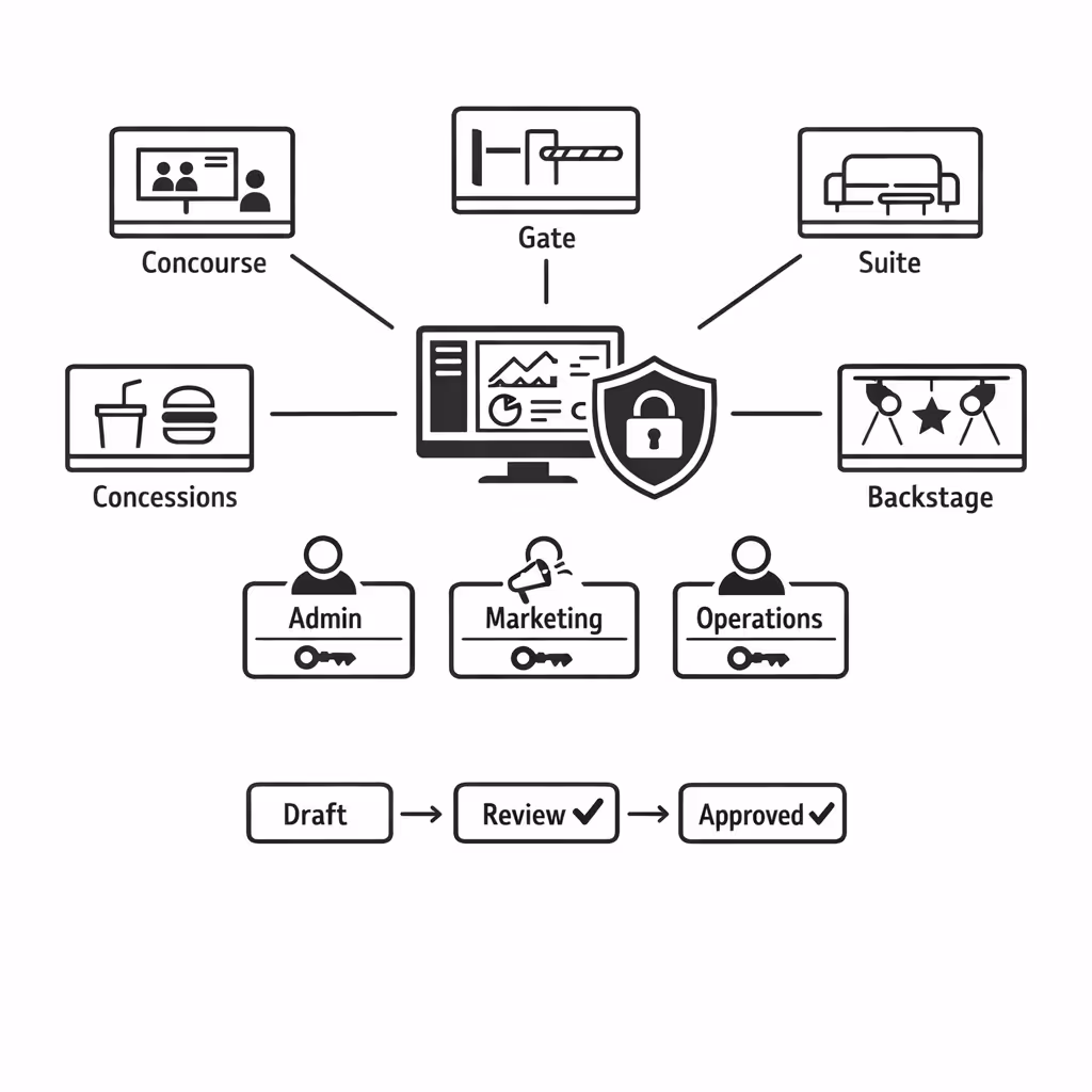 Permissões baseadas em funções para o display digital em arenas e estádios gerenciadas no Disign
