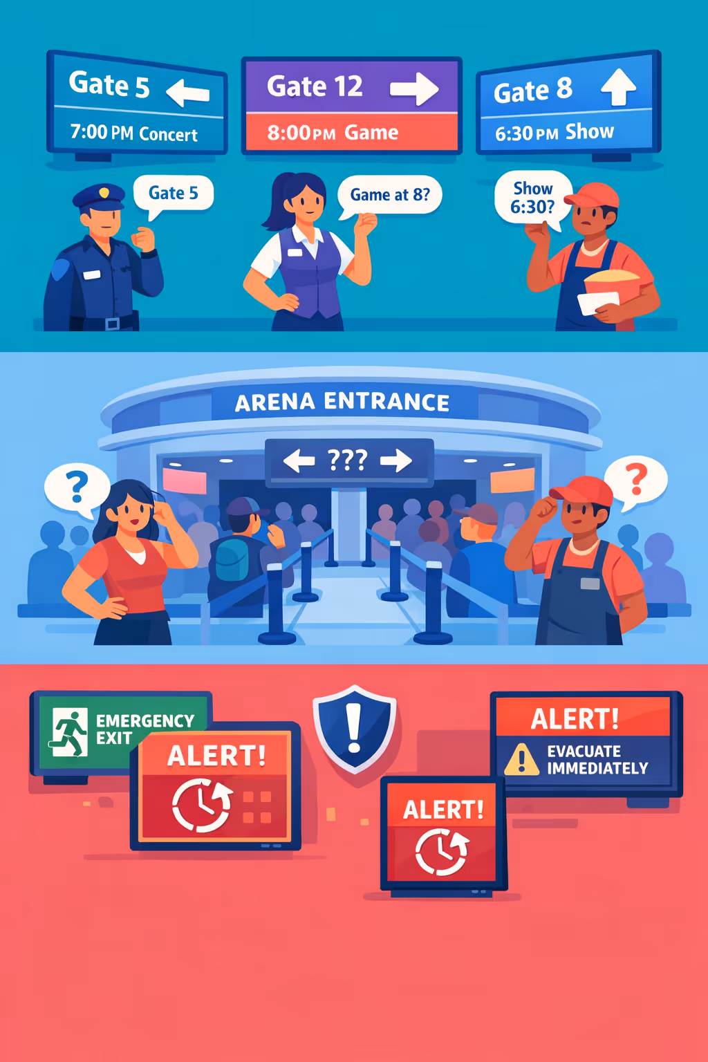 Arena and stadium digital signage challenges: unclear wayfinding, inconsistent event updates, and outdated safety information for fans and staff