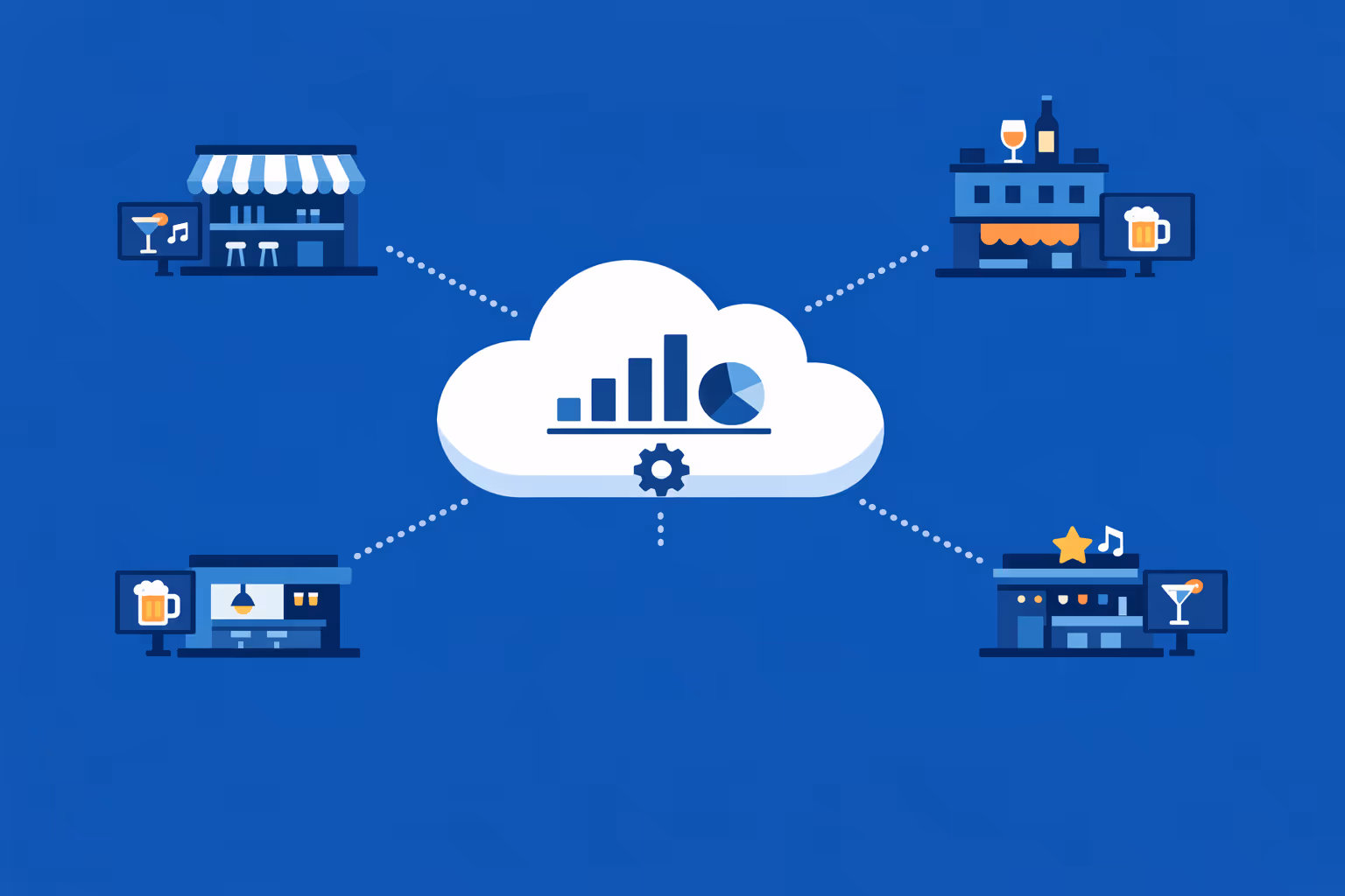 Cloud dashboard showing bar digital signage for multiple locations with centralized playlists and location-level overrides