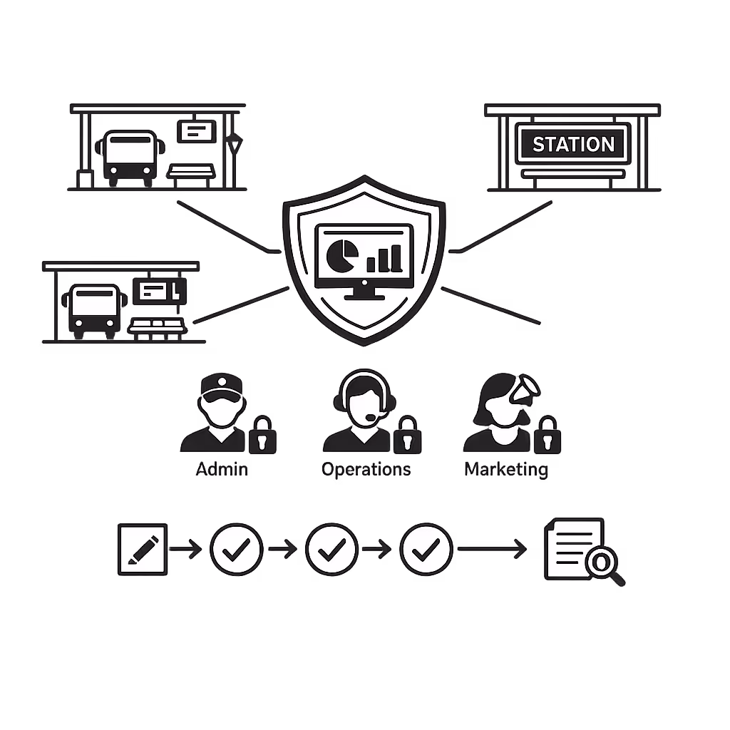 Role based permissions for centralized bus station digital signage management in Disign