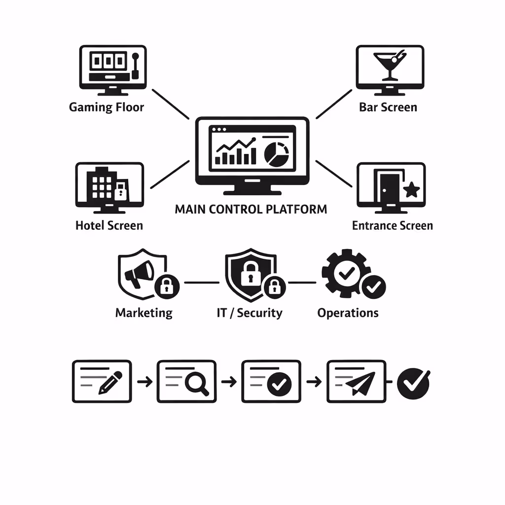 Role based permissions for centralized casino digital signage content management in Disign