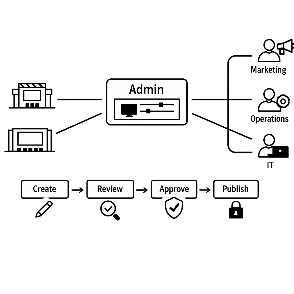 Role-based permissions for centralized cinema digital signage content management in Disign