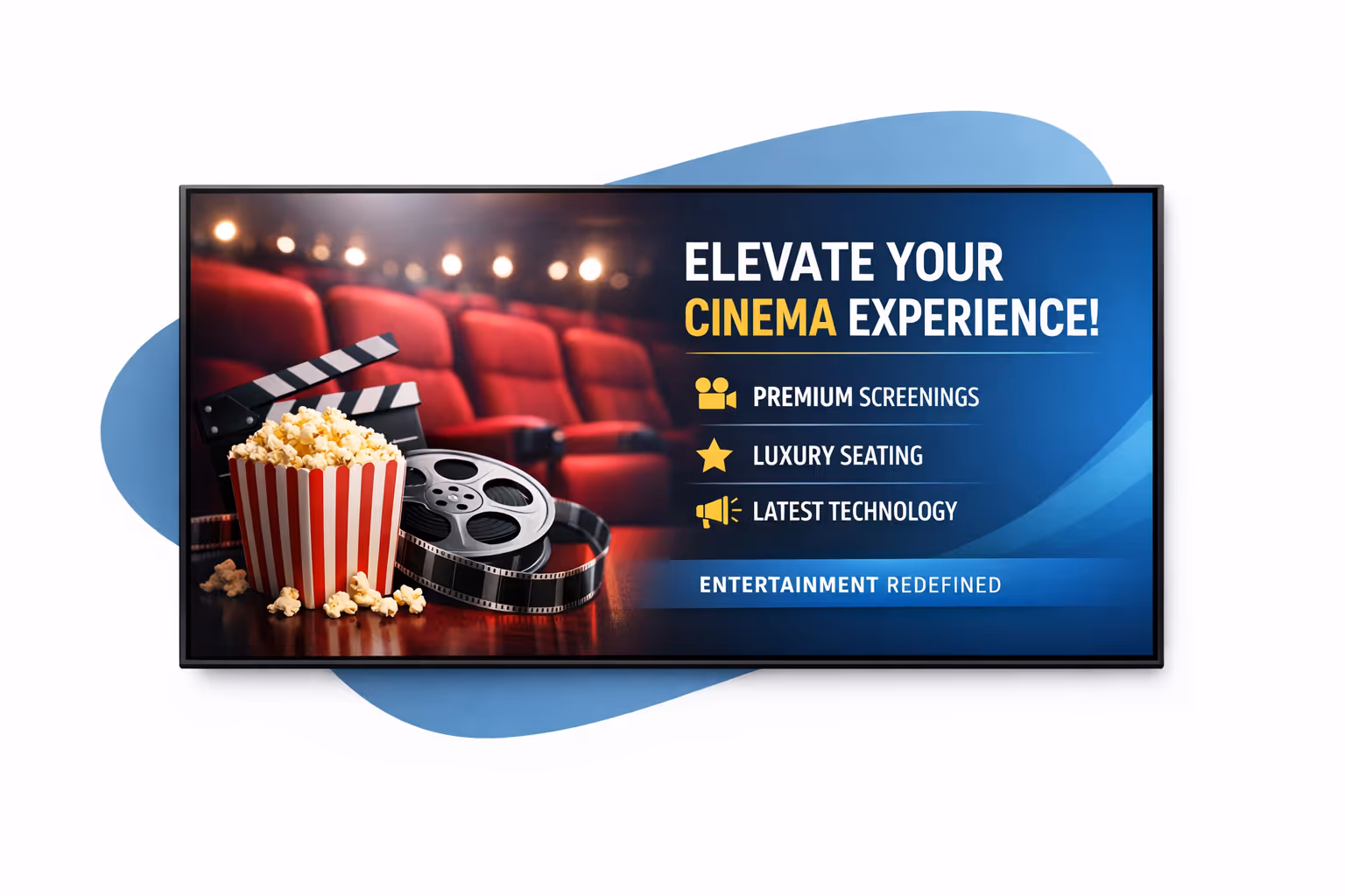 Cinema digital signage dashboard showing centralized scheduling, playlist automation, and multi-site screen monitoring