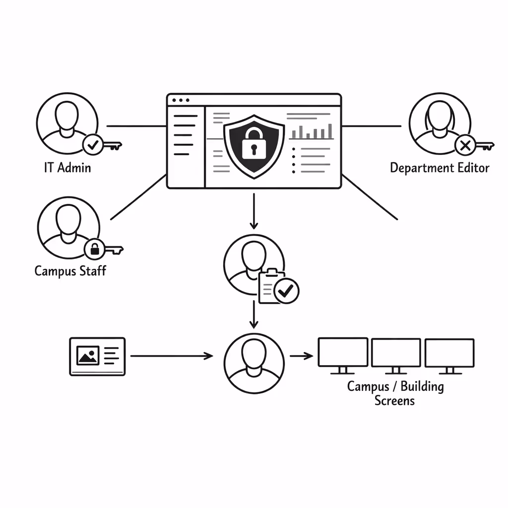 Centralized permissions and approvals for education digital signage with Disign