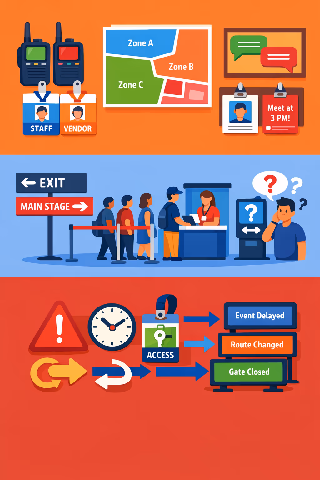 Events digital signage challenges: unclear wayfinding, last-minute schedule changes, and inconsistent on-site communication for attendees and staff