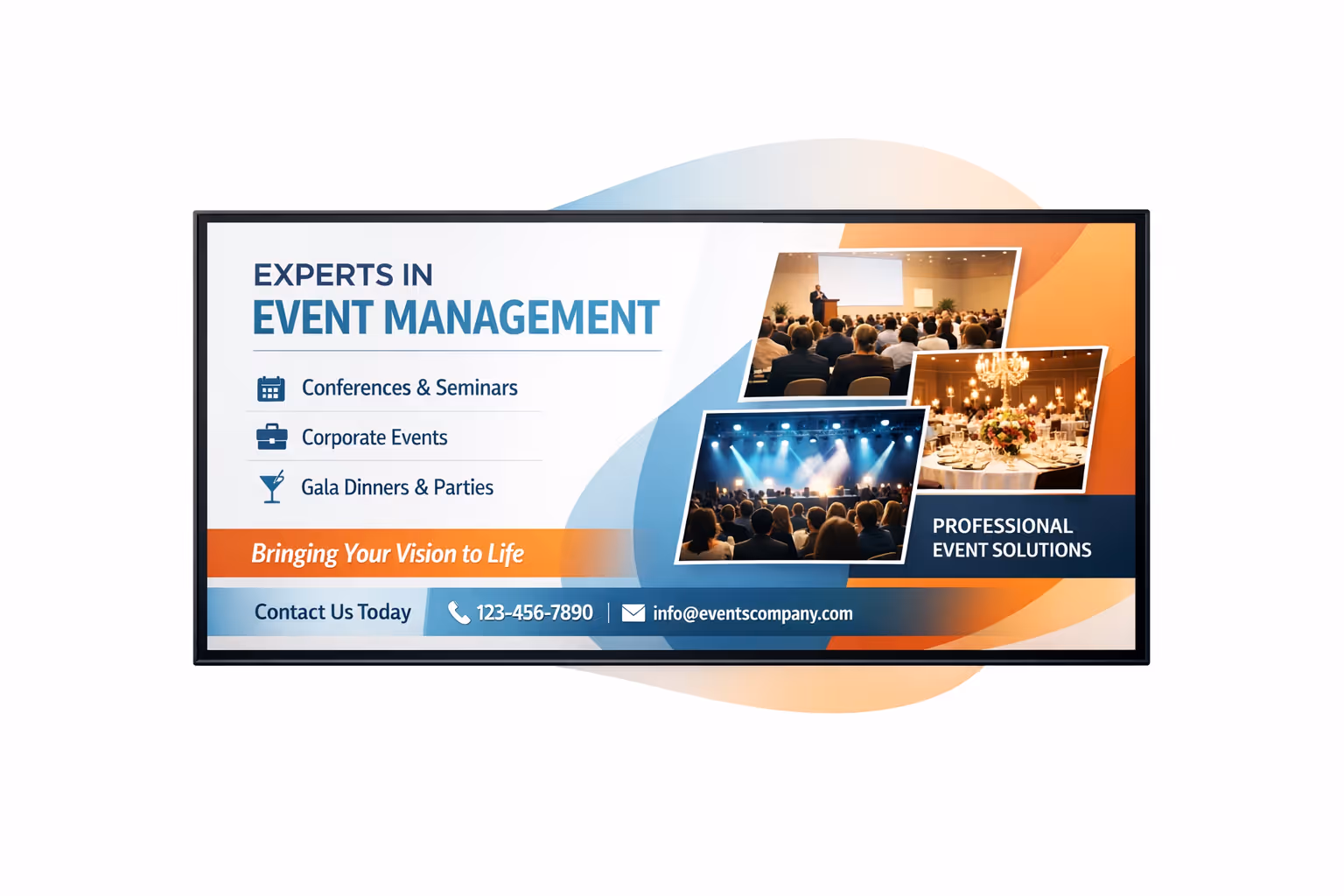 Events digital signage dashboard showing scheduling, venue targeting, and live content updates