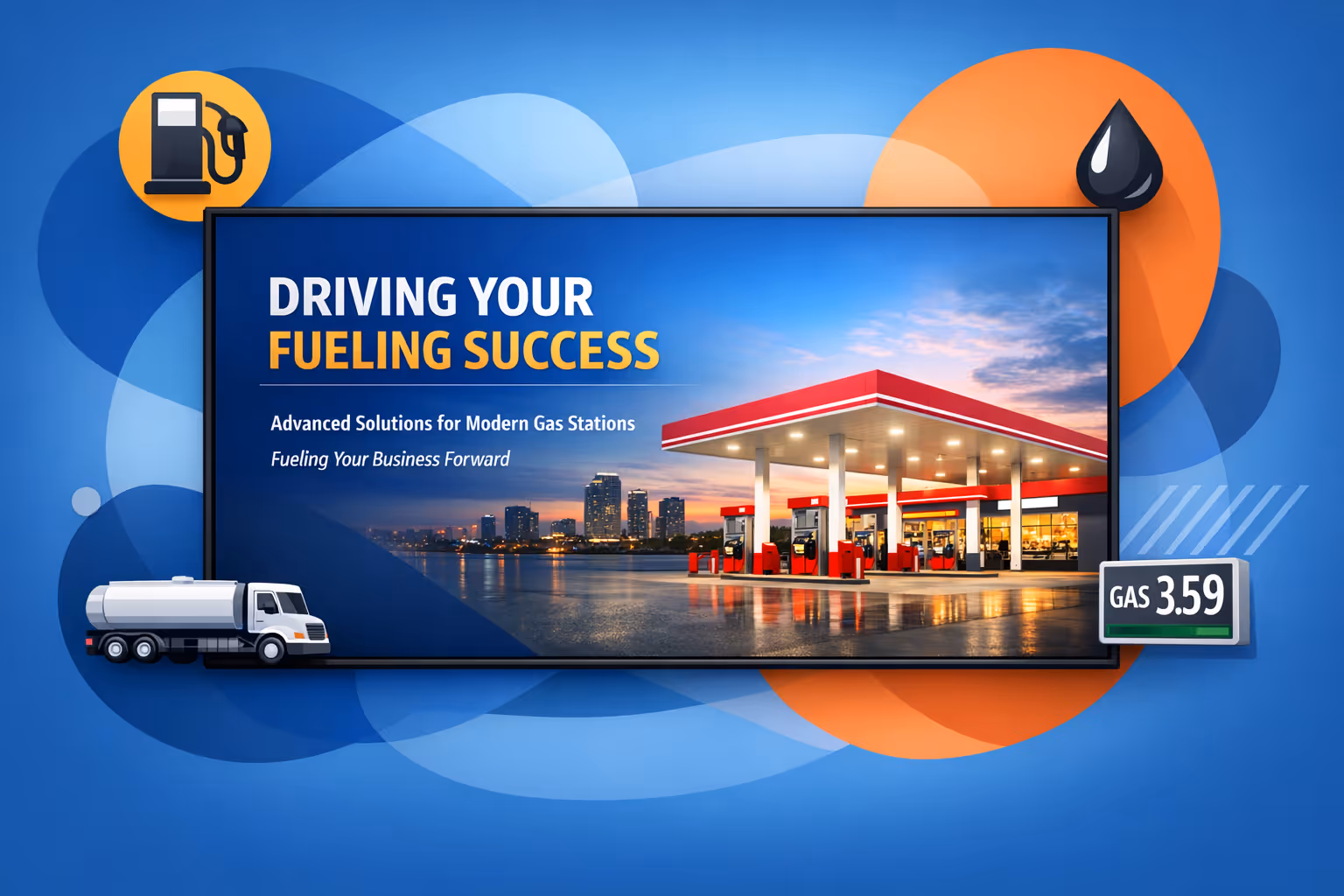 Gas station digital signage promoting fuel, convenience store deals, and loyalty offers with Disign