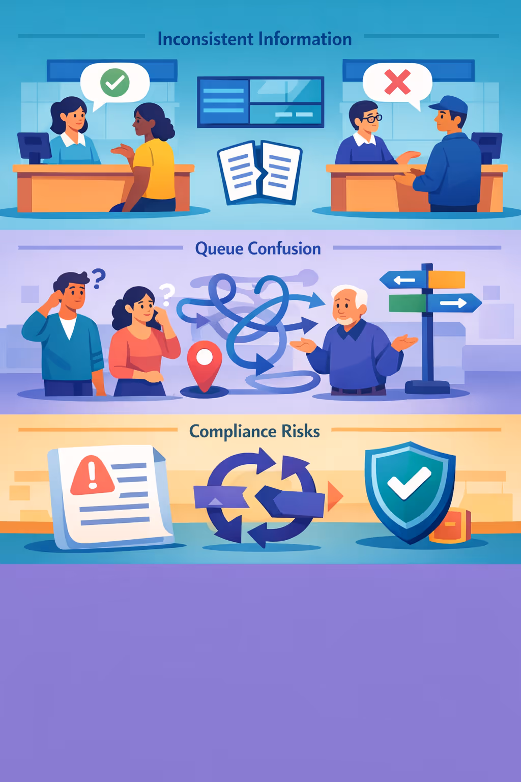 Government digital signage challenges in a branch: unclear queue guidance, inconsistent service updates, and outdated customer information