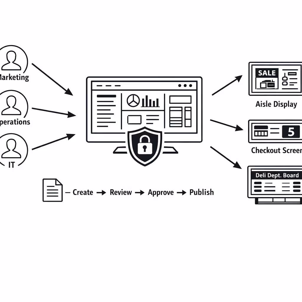 Role based permissions for grocery store digital signage content management in Disign