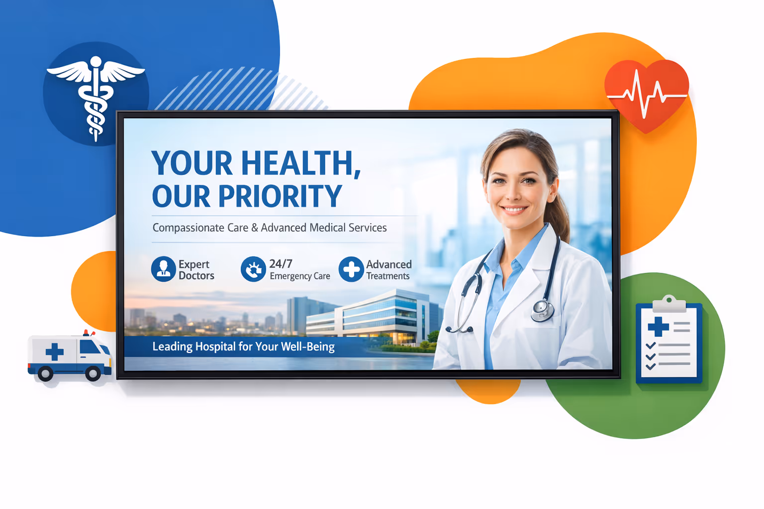 Hospital digital signage screens in a hospital lobby powered by Disign