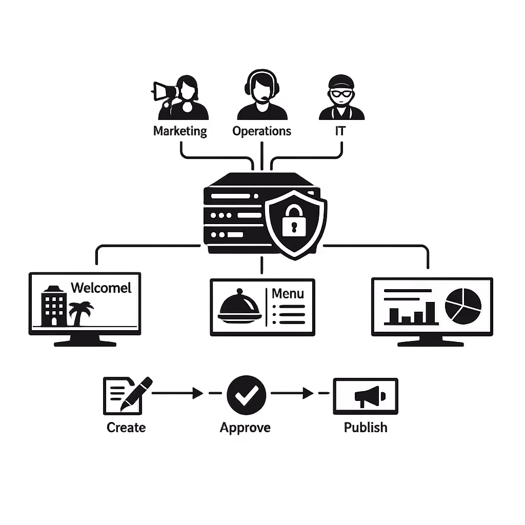 Centralized hospitality digital signage permissions and approvals in Disign
