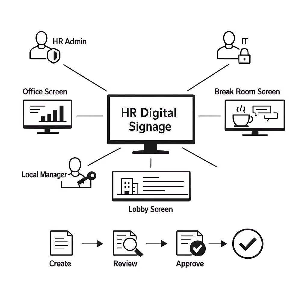 Role based permissions and approvals for HR digital signage in Disign