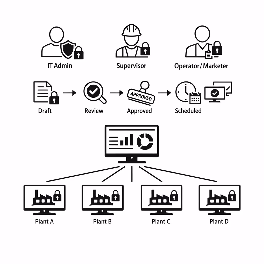 Role based access and approvals for manufacturing digital signage with Disign