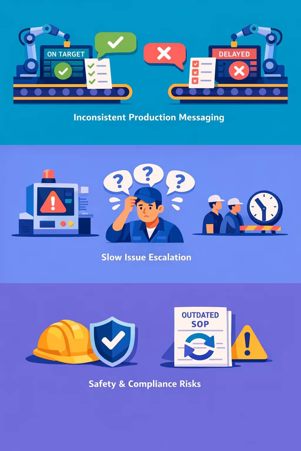 Manufacturing digital signage challenges: inconsistent production updates, unclear safety notices, missed shift handovers, and outdated SOP information on the shop floor