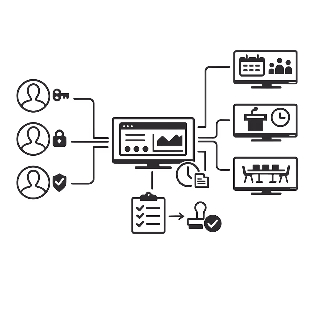 Centralized permissions and approvals for meeting and conference room digital signage with Disign