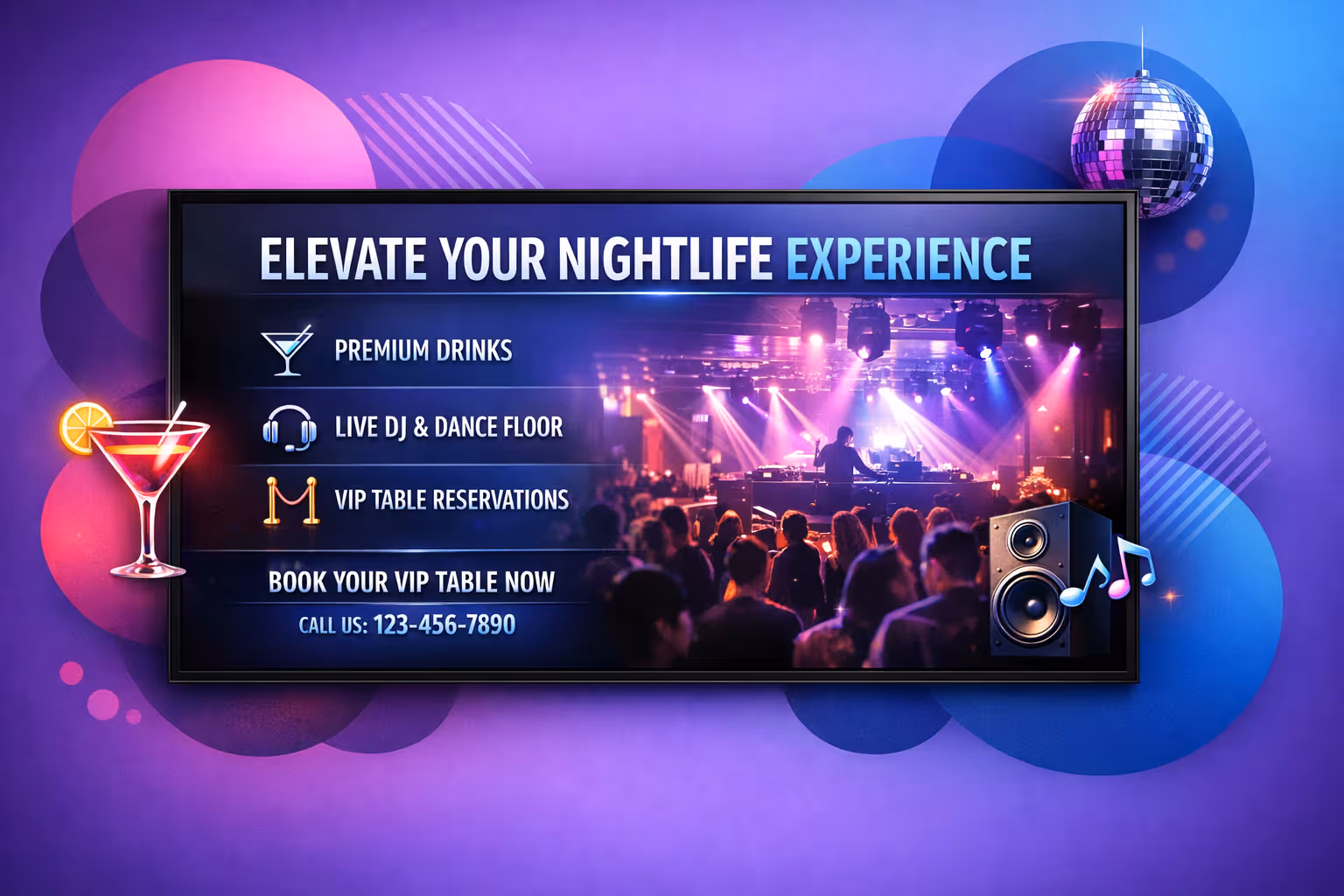 Night club digital signage screens promoting events and VIP offers powered by Disign