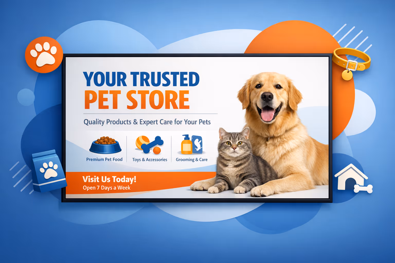 Pet store digital signage powered by Disign showing promotions and wayfinding in-store