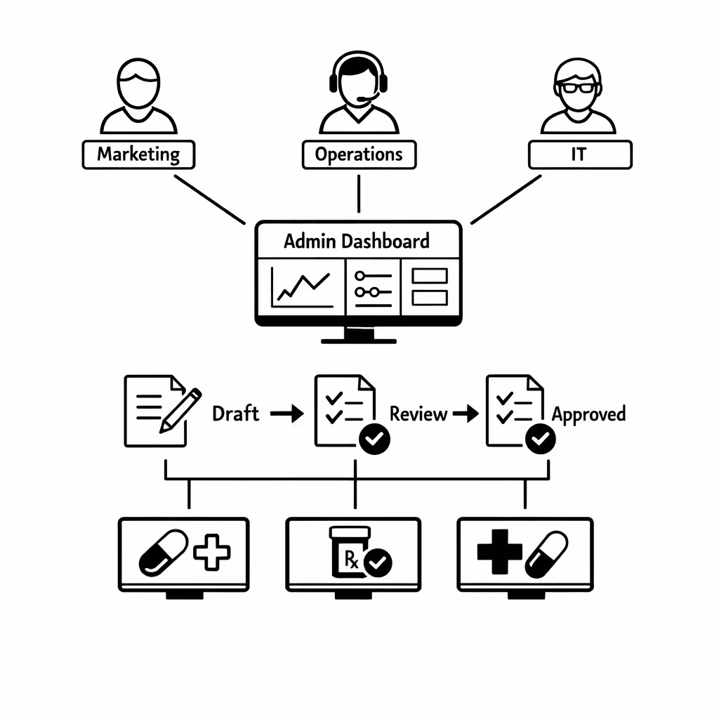 Centralized permissions and approvals for pharmacy digital signage with Disign