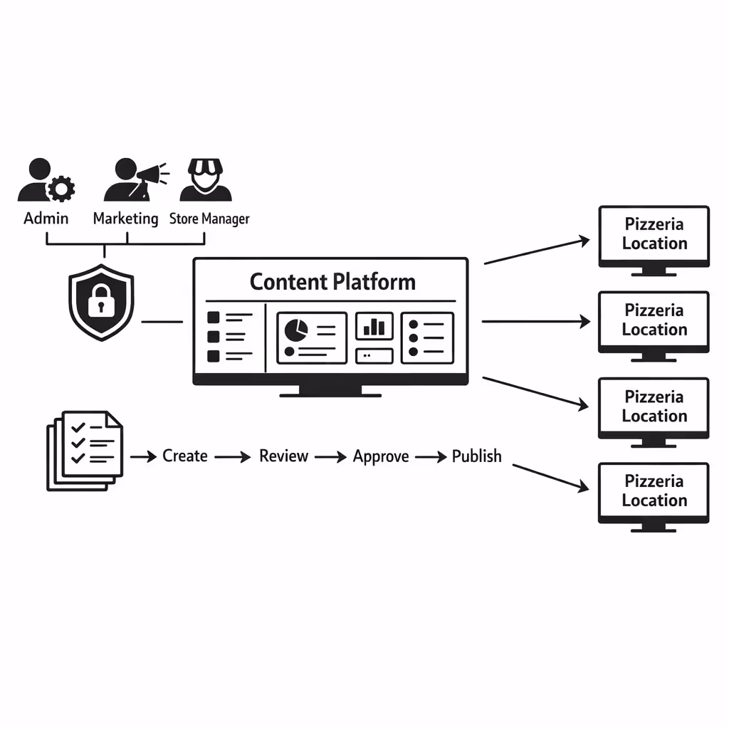 Role-based permissions for pizzeria digital signage content in Disign