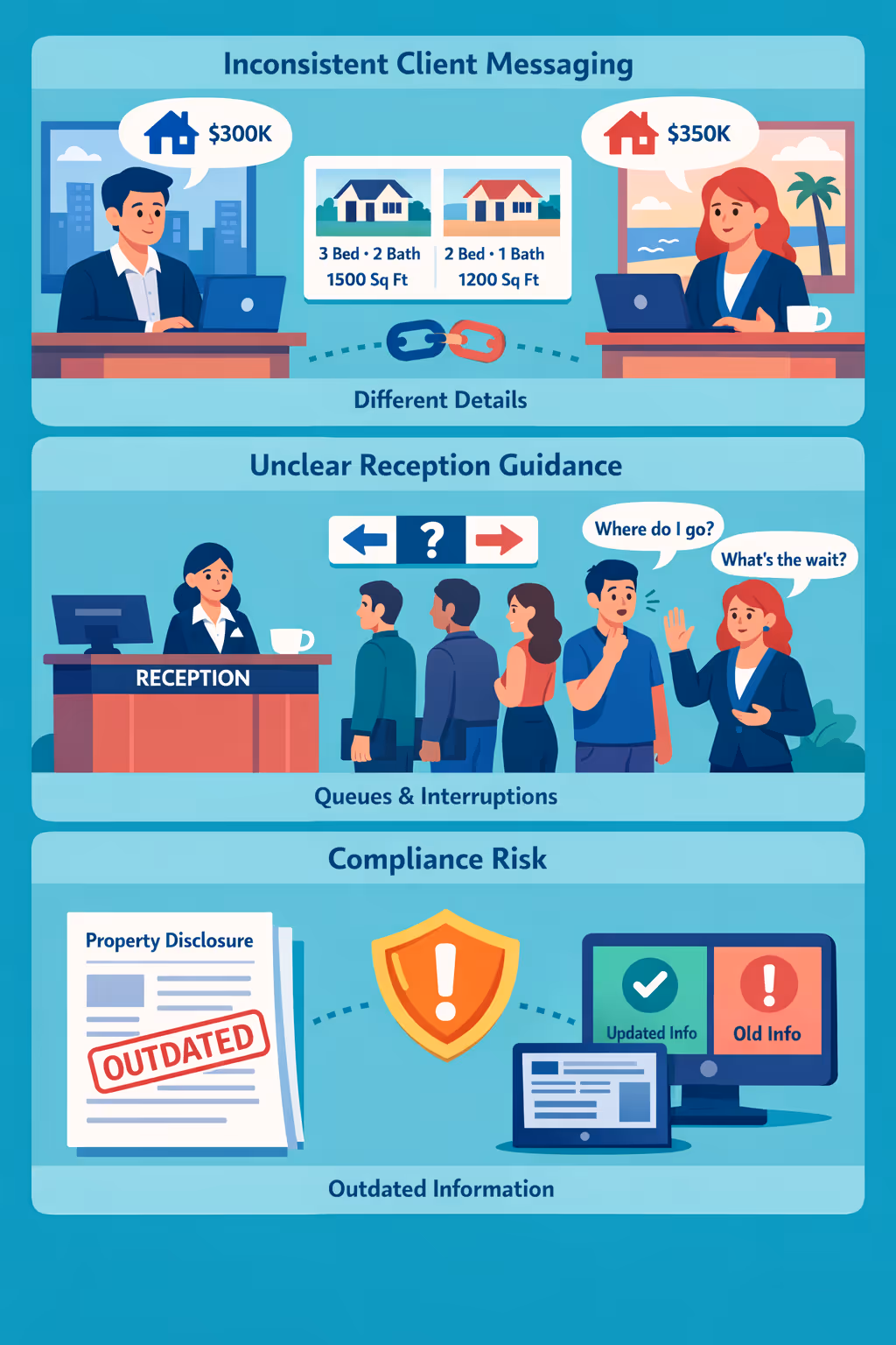 Real estate digital signage communication challenges in an agency: unclear appointment guidance, inconsistent listings information, and outdated client requirements
