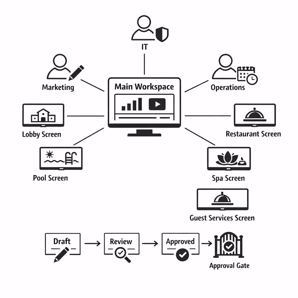 Role based access control for resort digital signage content management in Disign