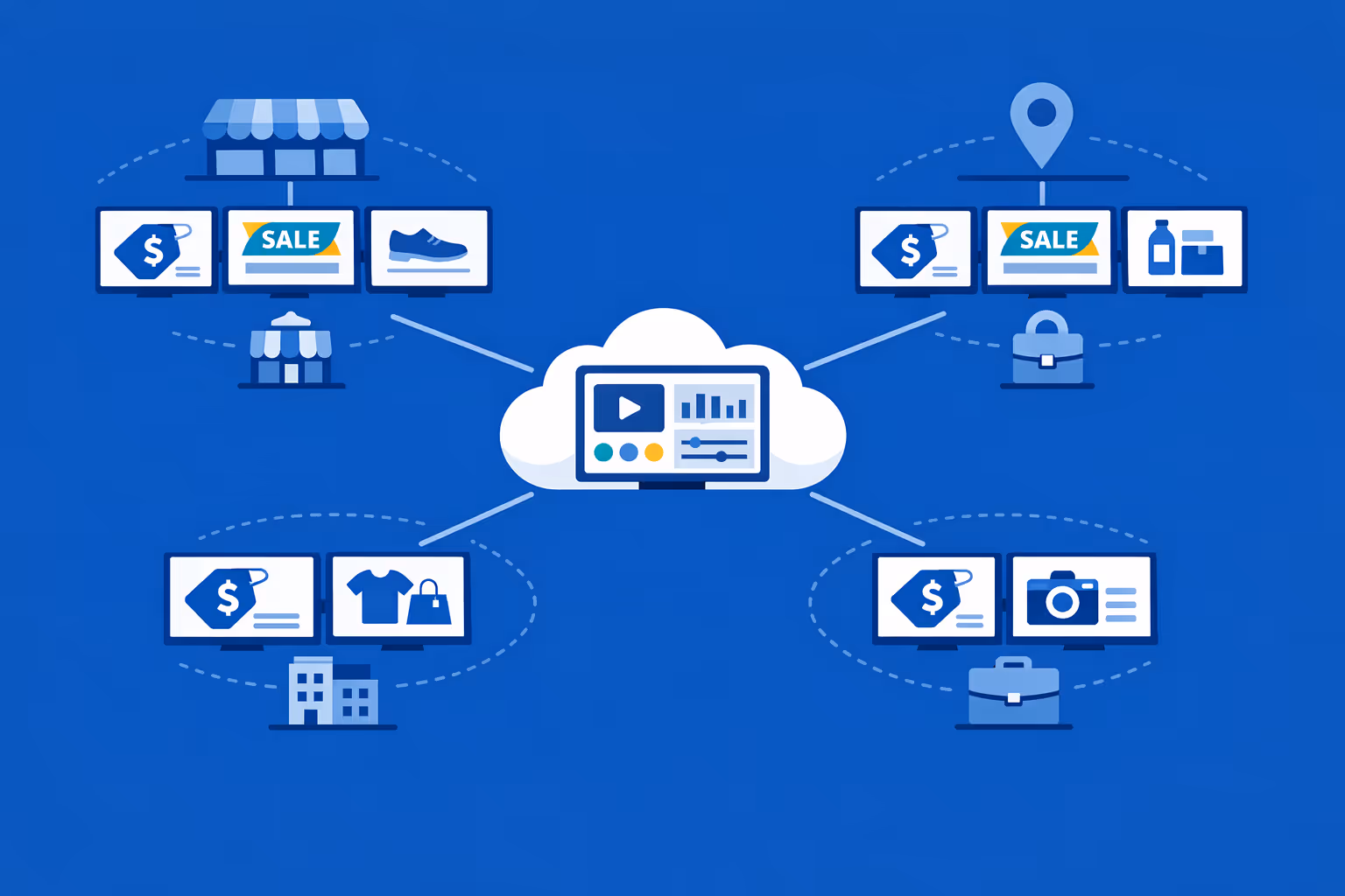 Retail digital signage at scale with many screens across franchises and brands, segmented by region and store