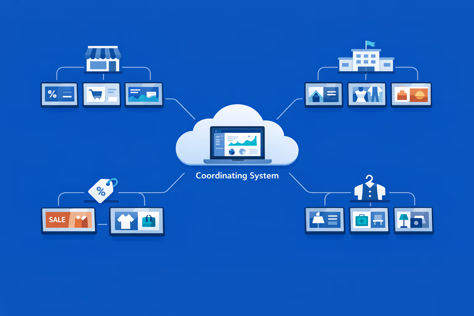 Large-scale supermarket and shopping mall digital signage controlling many screens and multiple organizations from one account