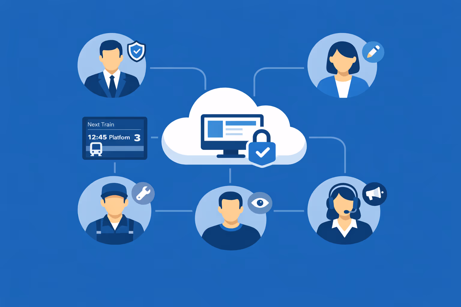 Cloud collaboration for train station digital signage with role-based access for operations, communications, and local station teams