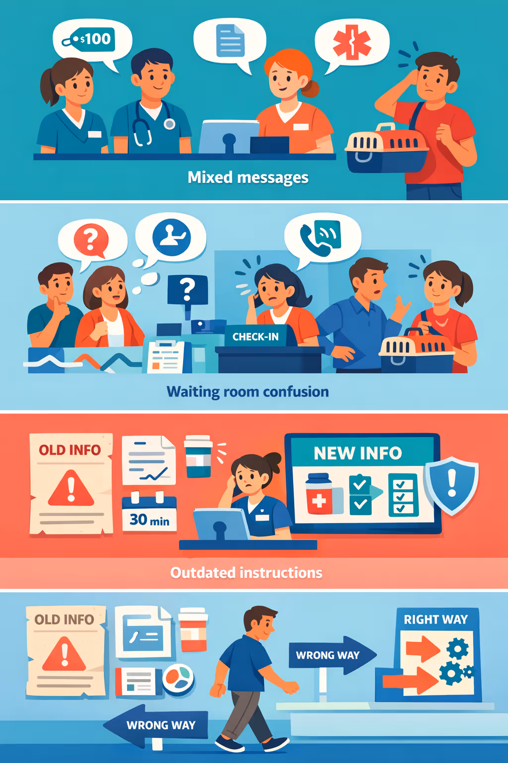 Veterinary digital signage challenges in a branch: unclear queue guidance, inconsistent service updates, and outdated customer information